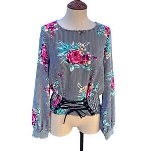 MILEY & MOLLY Women’s Size Medium Blouse Shirt Top Striped Floral Lace Up Cinch